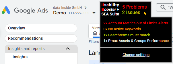 Usability Booster mit Detailansicht der SEA Suite Meldungen